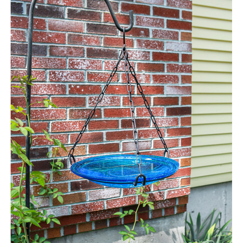 Bain d'oiseaux suspendu en verre craquelé, 14 po, Bleu sarcelle