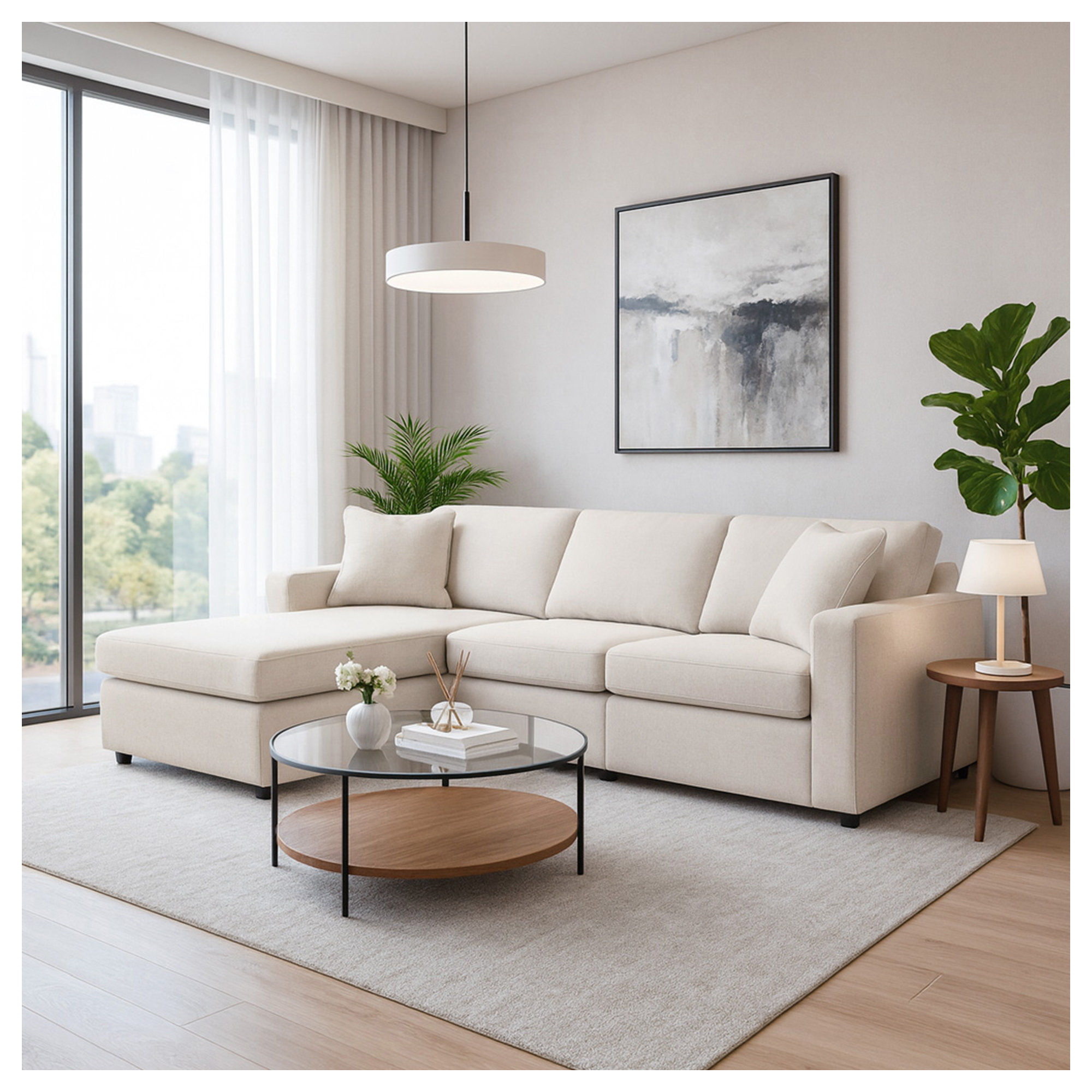 Bulwell Sectional With Chaise, Left Hand Facing, Beige Polyester, 36" H x 109" W x 68"D