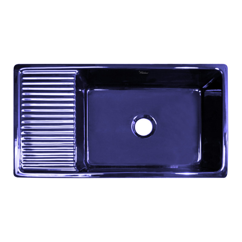 Fireclay Reversible Sink with Integral Drainboard and Decorative 2 ½" Lip on Both Sides, Glossy Blue