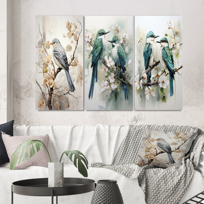 «Bird Silent Watcher», 3 pièces sur toile, Toile tendue, H 36 po x l 20 po