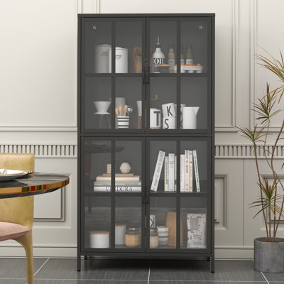 Armoires | Armoire de rangement moderne en métal avec portes en verre trempé, tablettes réglables, sécurité anti-basculement pour la maison Bureau | Noir | Salon
