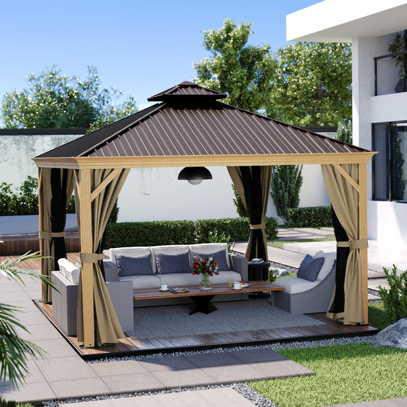 Aluminum Patio Gazebo, Natural Wood Grain, Dark Brown, 12' W x 12' D