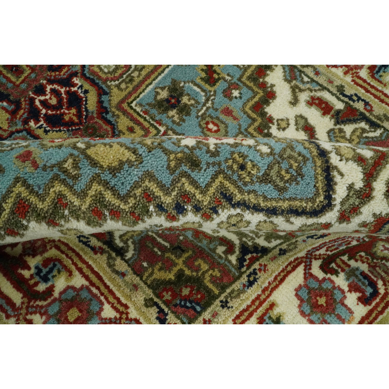 Tapis bleu / ivoire / vert en laine noué à la main Heriz