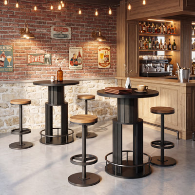 Table de bar ronde, 100 cm de hauteur, style bistrot, avec rangement et repose-pieds en anneau métallique, idéale pour un bar, une salle à manger ou une cuisine. Couleur : noir (table seule).