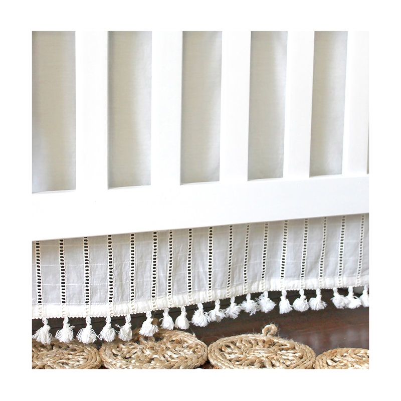 Boho Crib Skirt, with Ruffle and Embroidery, 100% Cotton Off-White, Crane Baby