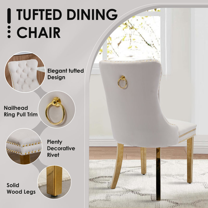 5-Piece Round Glass Dining Table Set, Beige, Gold, 29.5"H x 42"L x 42"W