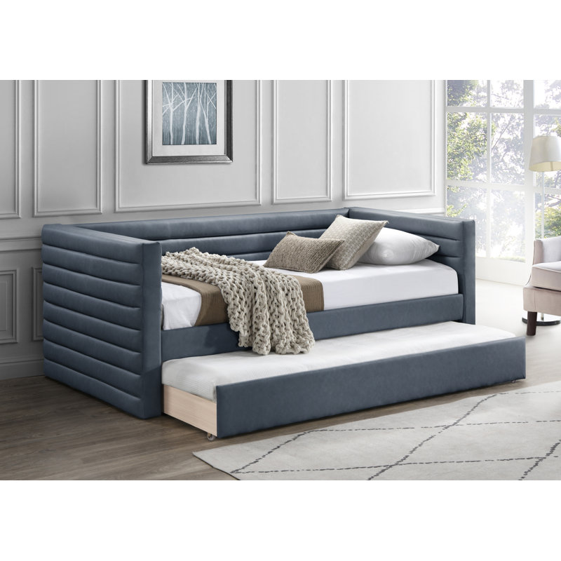 Lit de jour avec couchette Beverly, Bleu marine en cuir végétalien
