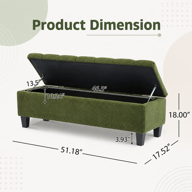 Banc repose-pieds avec rangement, surface bouclée verte, pieds en bois d'hévéa, capacité de 300 lb