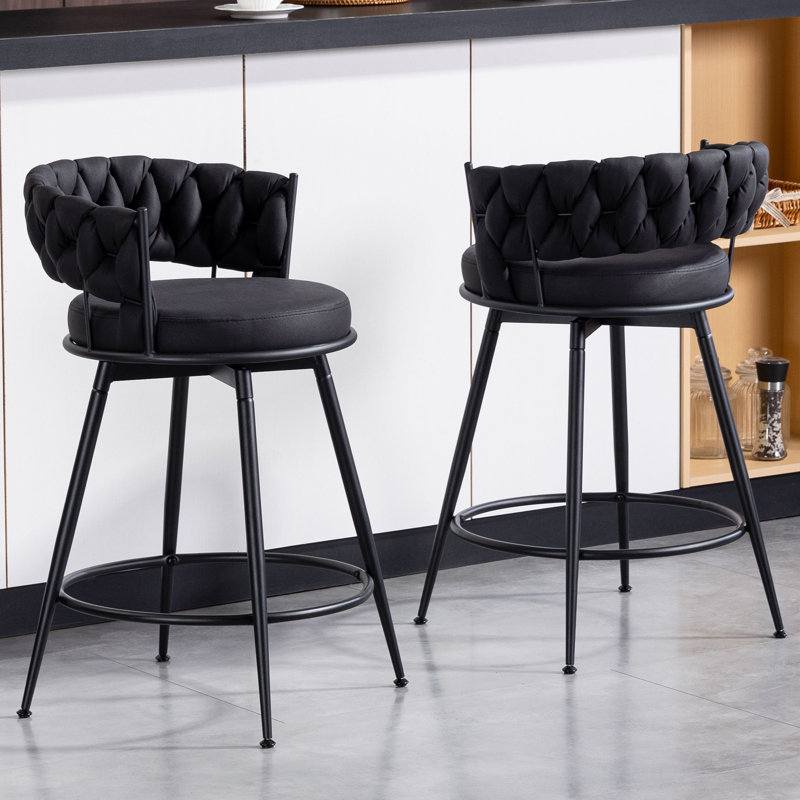 Counter Height Bar Stools Set of 2 - 360° Swivel with Suede Fabric & Modern Woven Design, Backrest & Footrest for Kitchen Cafe Pub