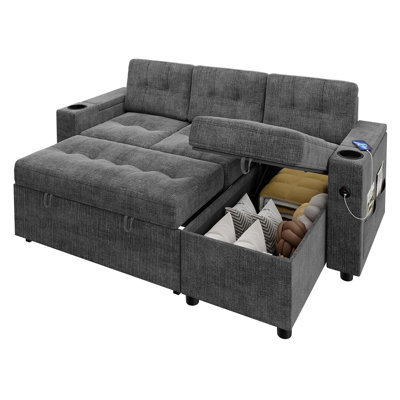 Sectional Sofa Bed, L-Shaped Sofa with Reversible Storage Chaise, Comfy Couches for Living Room with Charging Ports