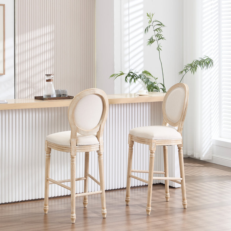 Chaises de bar rembourrées de style campagne française de 30 po de hauteur avec dossier rond, démontables, structure en bois massif, coton et lin, tréfilage pour les environnements de restaurant