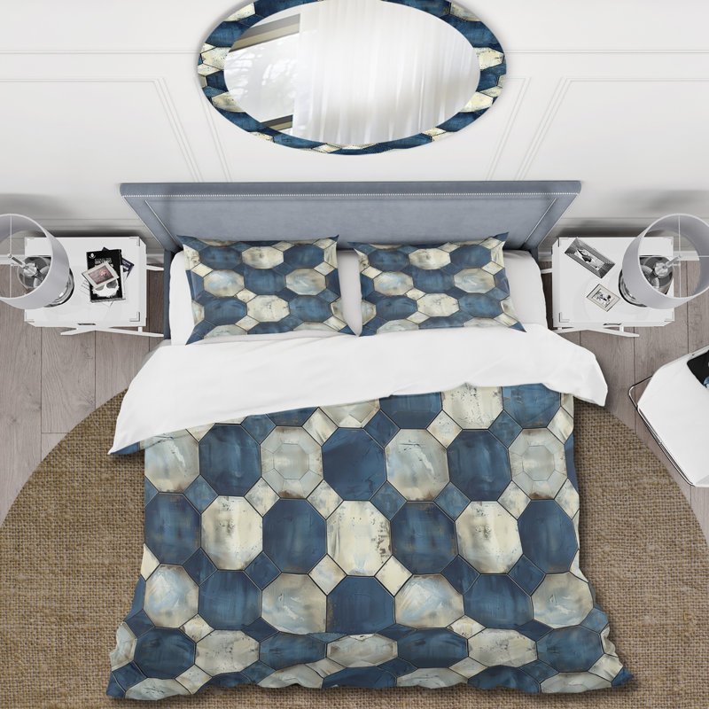 Ensemble de housse de couette Blue Beige Midcentury Hexagon Print I - Midcentury