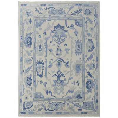 Karina Hand Knotted Wool Ikat Area Rug in Ivory/Blue