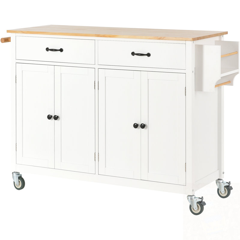 Kitchen Island With 4 Door Cabinet, Two Drawers And Locking Wheels, White