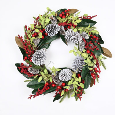 24" Artificial Farmhouse Greenery Foliage Leaves Mini Eucalyptus Pinecone Berry Winter Christmas Day Front Door Wreath
