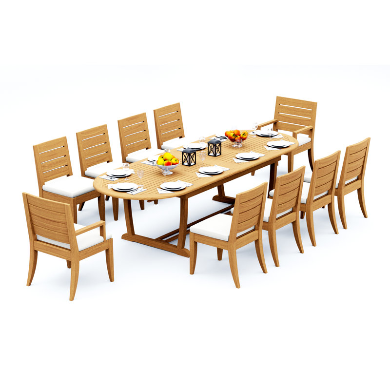 13 Pcs Grade-A Teak Wood Dining Set: 118" Double Extension Mas Oval Trestle Leg Table And 12 Atnas  Chairs (2 Arm & 10 Armless Chairs) #11AT2702