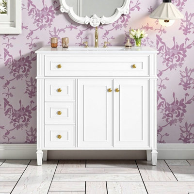 Meuble-lavabo 36 po avec lavabo en céramique et armoire en bois massif avec 3 tiroirs et 2 portes