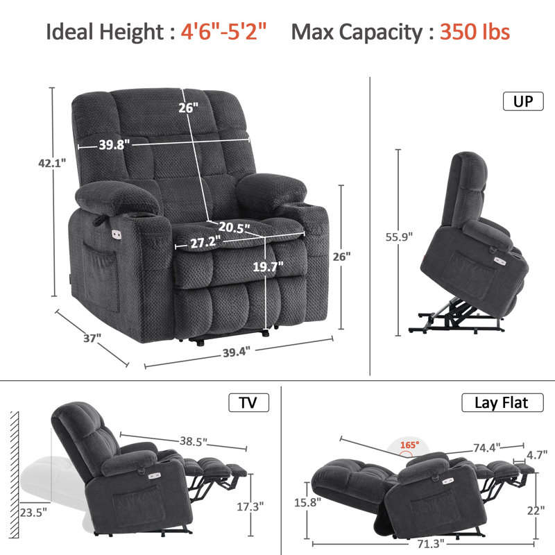 Small Dual Motor Power Recliner Lift Chair Infinite Position, Heat and Vibration Massage, Fabric, Dark Gray