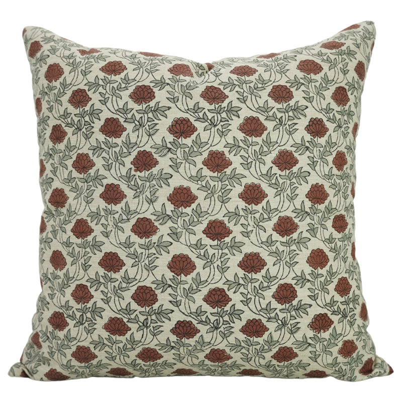 Artisan Floral Block Print Cushion Cover Boho Style Decorative Pillowcase for Living Room & Bedroom, Square, Gray/Red Floral
