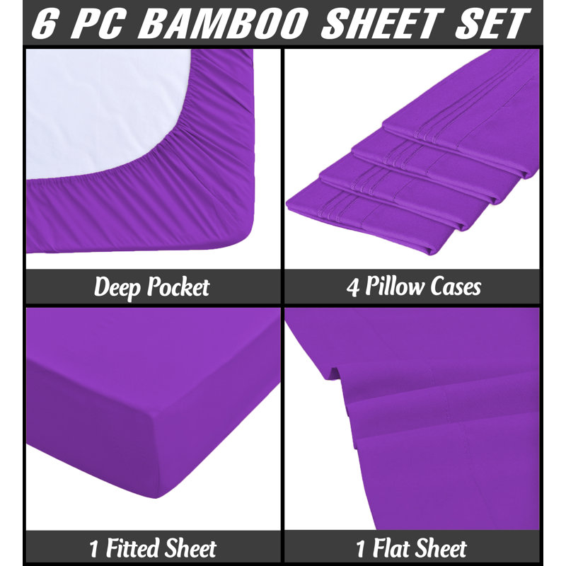 Premium Rayon From Bamboo 6 Pc Sheet Set With Deep Pockets, Cooling, Violet, King Sheet Set with 4 Pillowcases