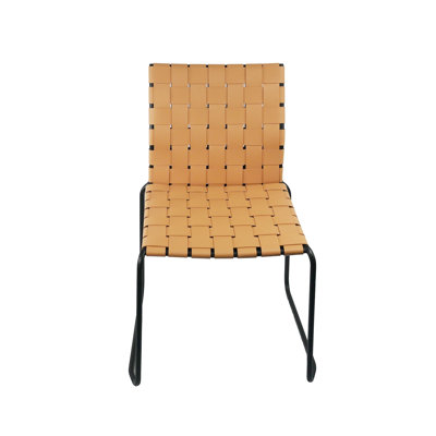 Murrel Recycled Leather Dining Chair Set of 4 with Black Steel Frame, Sand Checker Weave Upholstery