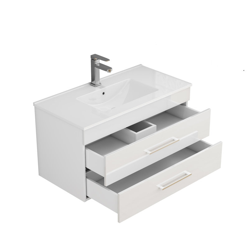 Meuble-lavabo mural blanc brillant 36 po avec tiroirs doubles 36 po