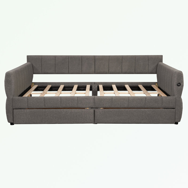 Queen Size Upholstered Platform Bed with USB and 2 Drawers, Gray