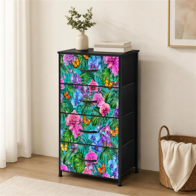 Commode à 4 tiroirs pour chambre à coucher Orchidées florales tropicales vibrantes papillons Petite grande commode à vêtements pour organisateurs de placard avec commode