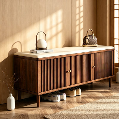 39.37" Modern Minimalist Solid Wood Slatted Shoe Bench with Shoe Storage Cabinet, Integrated Entryway Combo