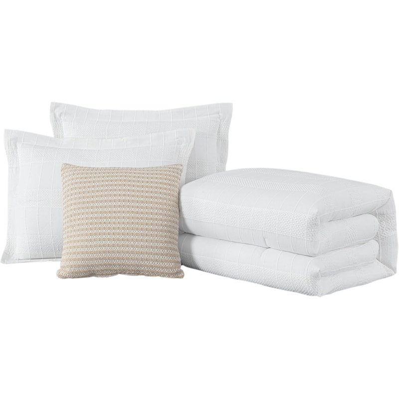 Yuki Basketweave Clip Jacquard Cotton Comforter Set, Queen Comforter+2 Standard Shams+1 Throw Pillow