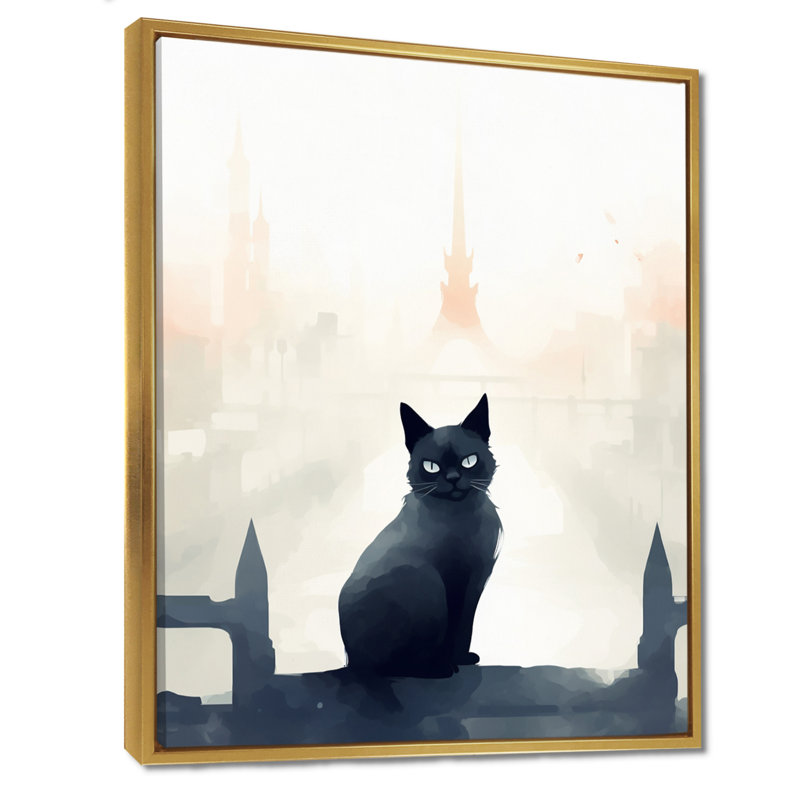 Chat urbain noir - salon d'art mural, Toile avec cadre doré, H 32 po x l 24 po x P 1 po