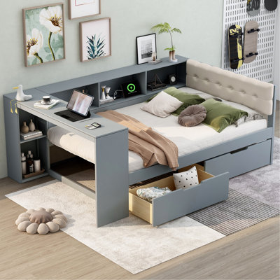 Wood Full Size Platform Bed With Storage Shelves, Drawers, Charging Station And Upholstered Headboard
