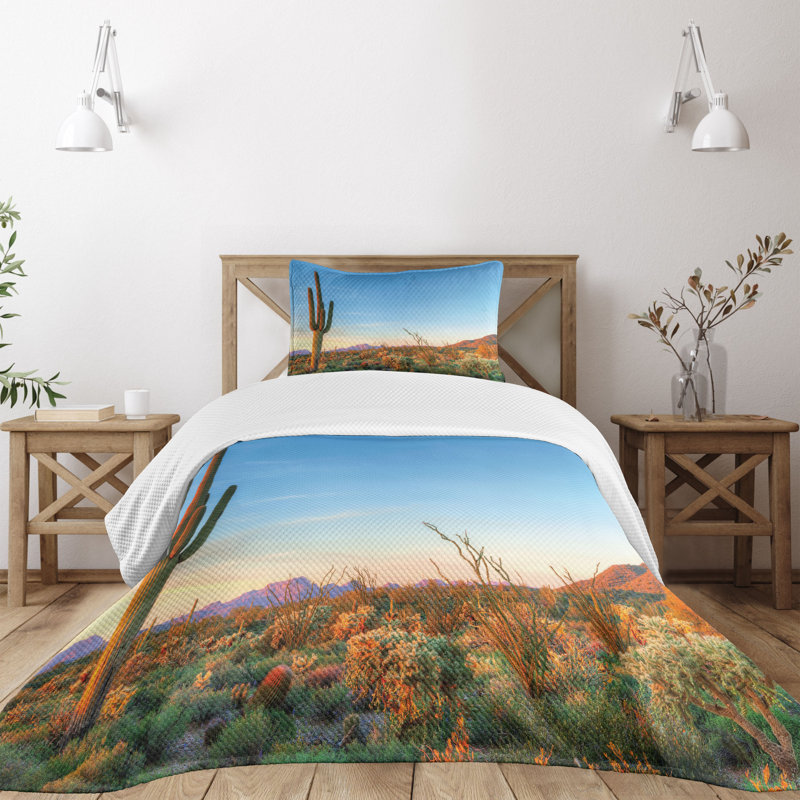 Twin White Quilted Bedspread Set with Desert Cactus Print