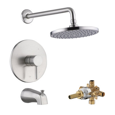 Système de garniture de douche Euro Collection: pomme de douche ronde de 8 po, ensemble de poignées simples, bec de baignoire et soupape brute inclus - nickel brossé