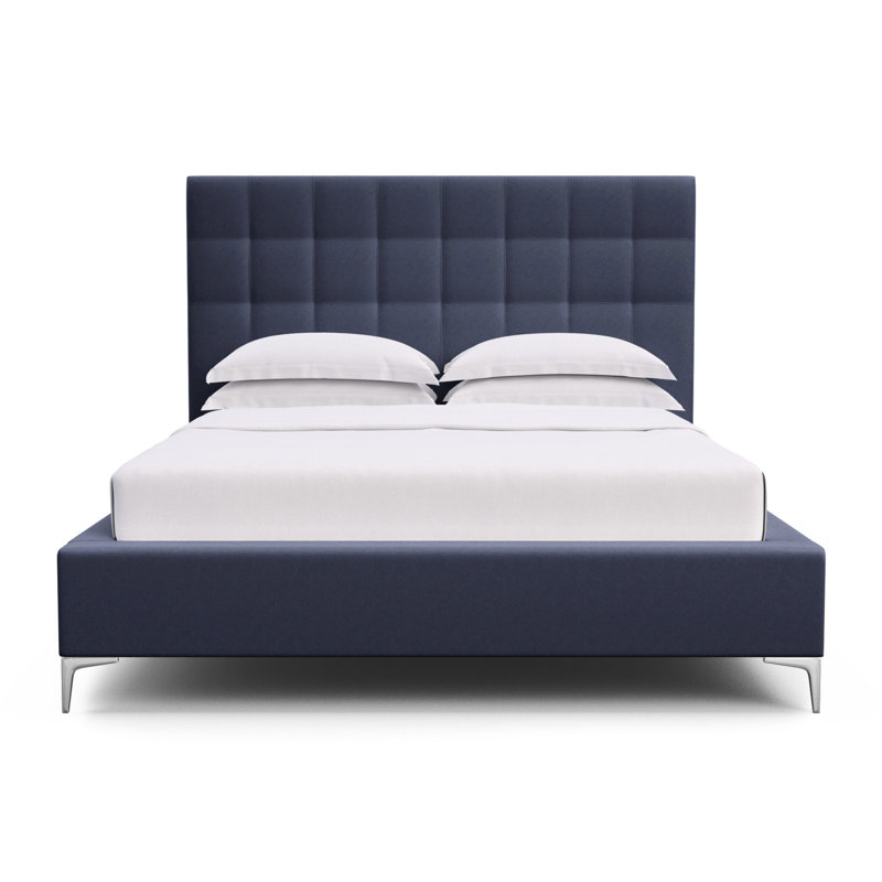 Lit tapissier à panneau Bryant, Très grand, Velours moelleux imprimé bleu, Ébène