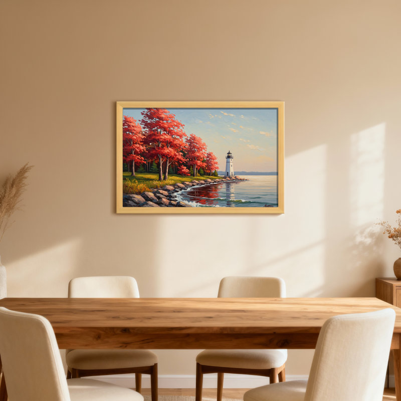Plantes et fleurs, arbres d'automne, phare, roches d'eau, reflet du ciel, H 12 po x l 18 po, Toile tendue, Ne s’applique pas