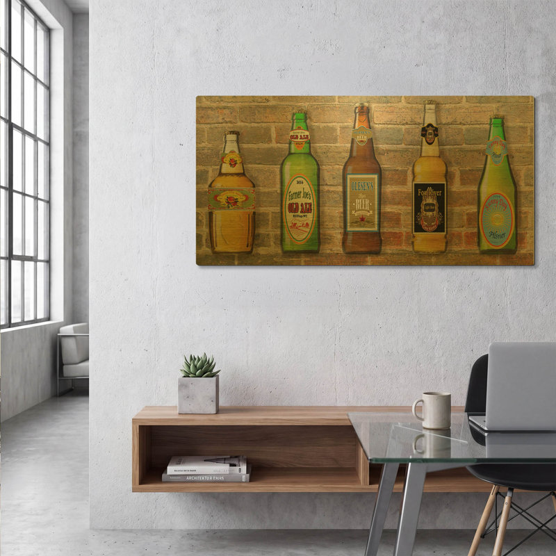 «Beer Bottle On Brick 5» par Jean Plout, art mural en métal doré, 48 po x 24 po, 48"x24"