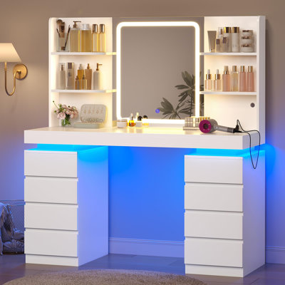 Vanity Desk With Mirror And Lights, 8 Drawers And Shelves, Makeup Vanity With Charging Station, White