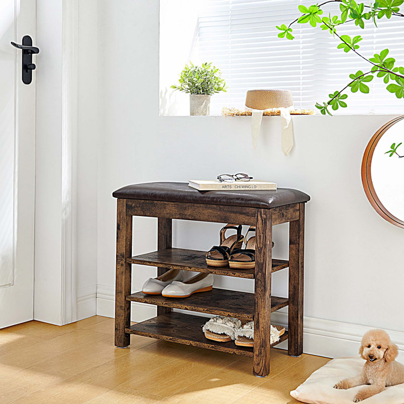 Un banc de rangement pour chaussures à hauteur réglable en bois, équipé d'un siège confortable et d'un espace de rangement dissimulé