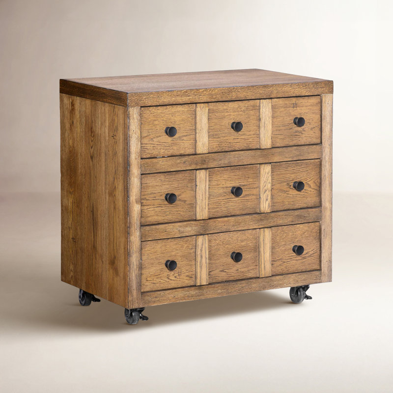Country Living Vintage Market Apothecary Chest Nightstand with Drawers, Casters, and Power Outlets, Brown