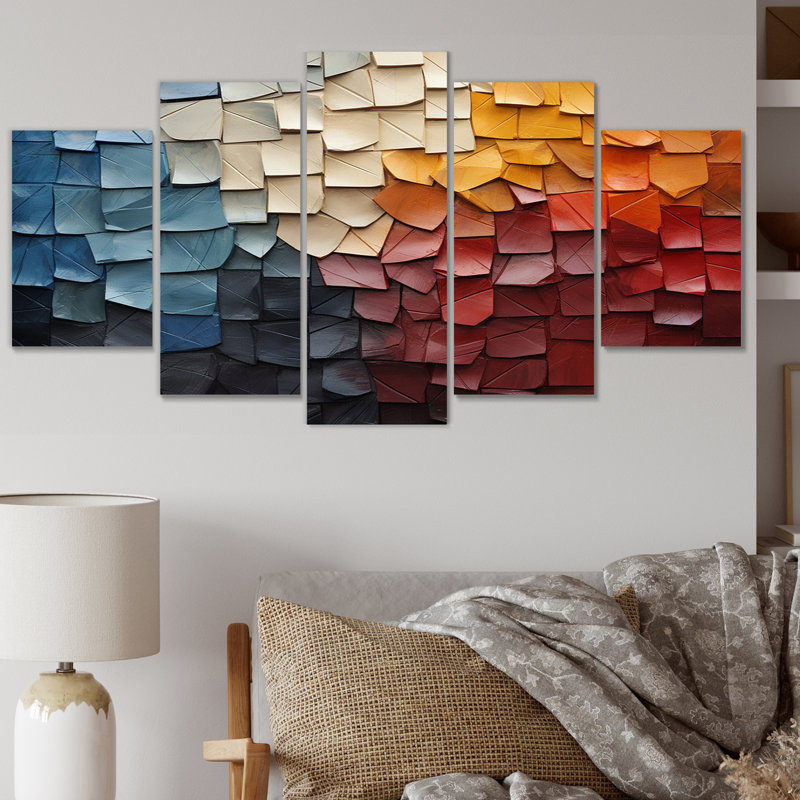 Forêt rouge, collage de bois III sur toile, 5 pièces
