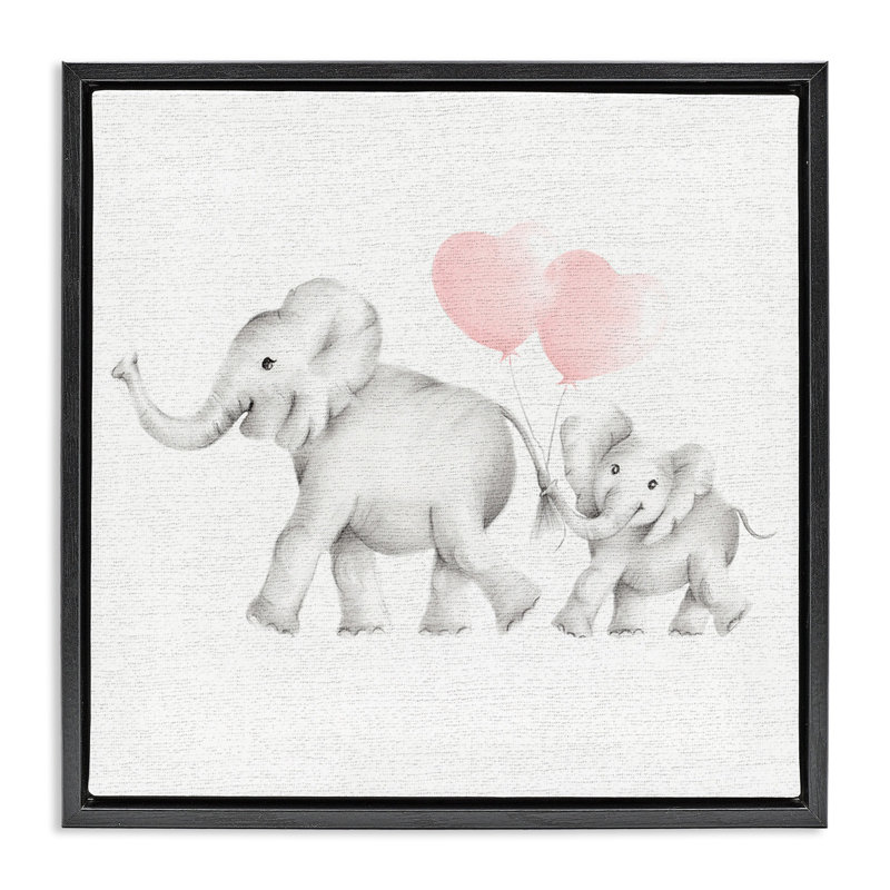 Famille d'éléphants avec des ballons roses, H 18 po x l 18 po, Cadre flottant noir de jais