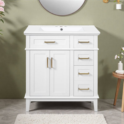 Meuble-lavabo de salle de bain avec lavabo en céramique, armoire de rangement moderne avec portes à fermeture douce, tiroir profond et tiroir standard, meuble-lavabo élégant pour les petites salles de bain