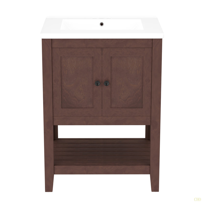Lavabo de salle de bain moderne élégant en céramique 24 po avec tablette ouverte en bois massif, Brun