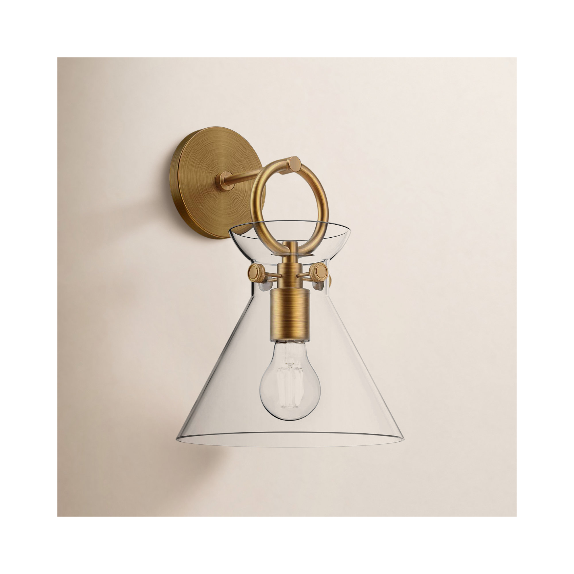 Tiney Single Light Steel Dimmable Armed Sconce, Clear, Aged Gold