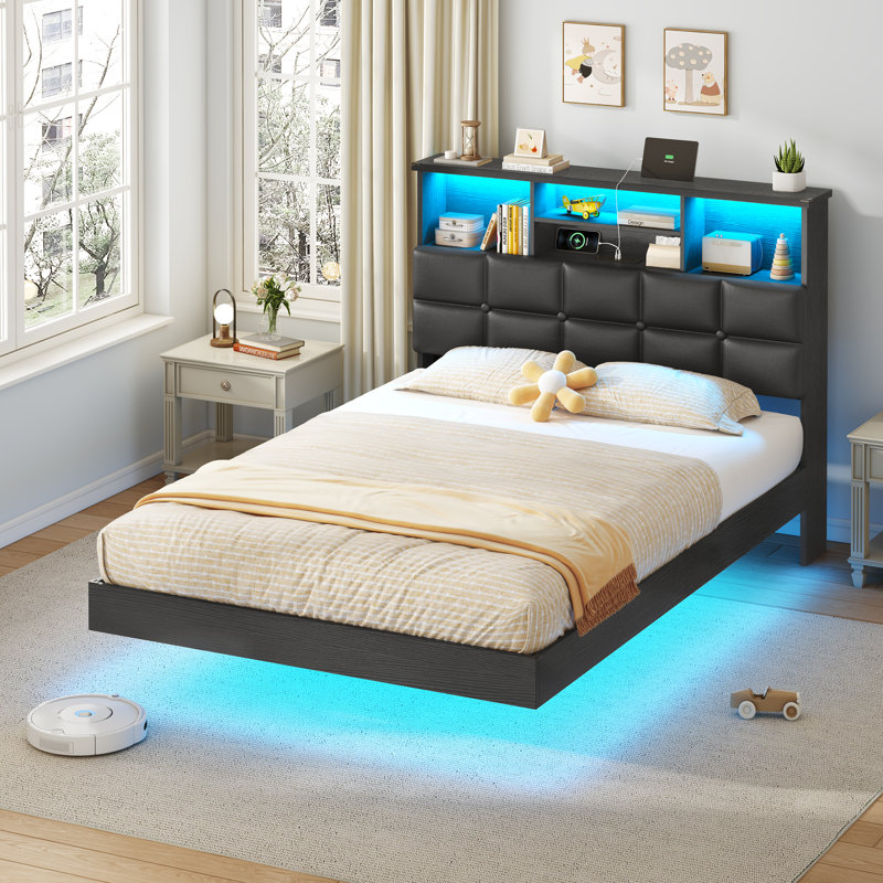 Cadre de lit flottant avec éclairage DEL et rangement dissimulé, lit plateforme rembourré avec tête de lit, station de chargement USB/Type-C, sommier non requis