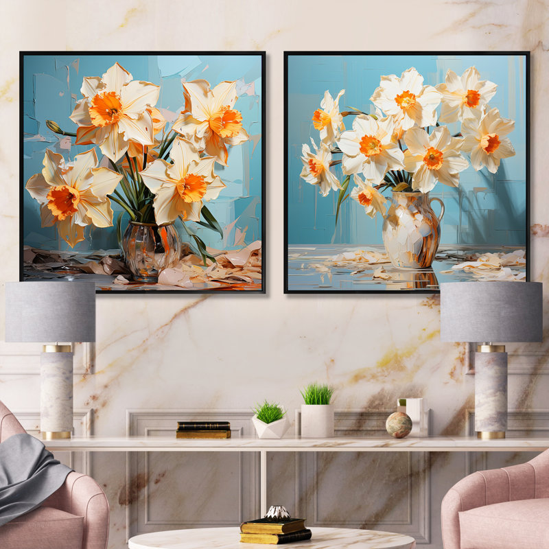 Jonquilles fleuries avec un pinceau féroce - ensemble de 2 jonquilles carrées, Cadre flottant noir, H 16 po x l 33 po