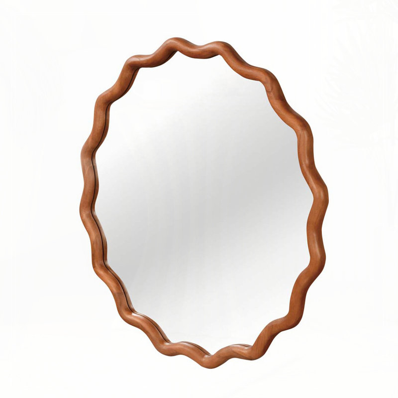Wavy Round Solid Wood Frame Decorative Mirror,For Bedroom, Bathroom, Living Room, Entryway, Yellow Brown, 30" x 30"
