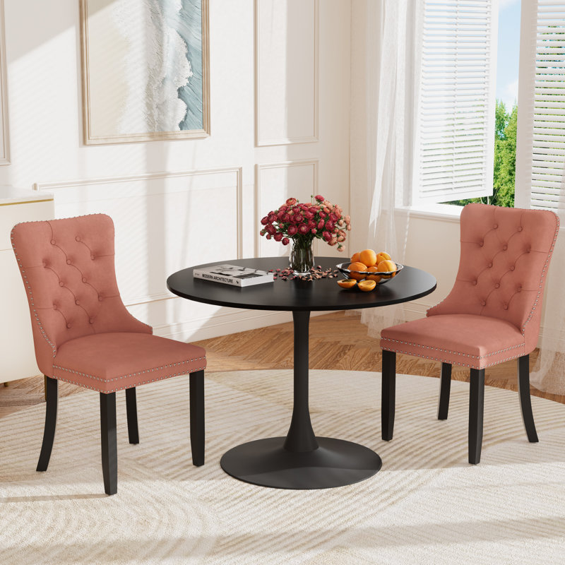 Round Pedestal Dining Set with 2 chairs, Pink, Black/Black