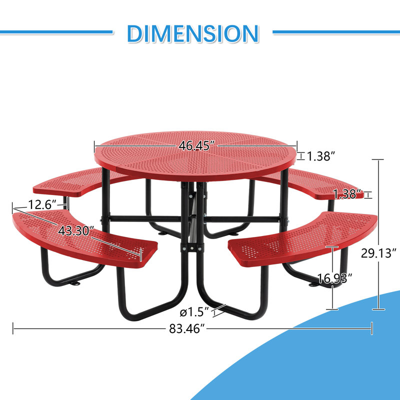 Ridenour Metal Picnic Table Dining Table with Umbrella Hole - Coated Steel Heavy Duty Commercial Grade Table, Red